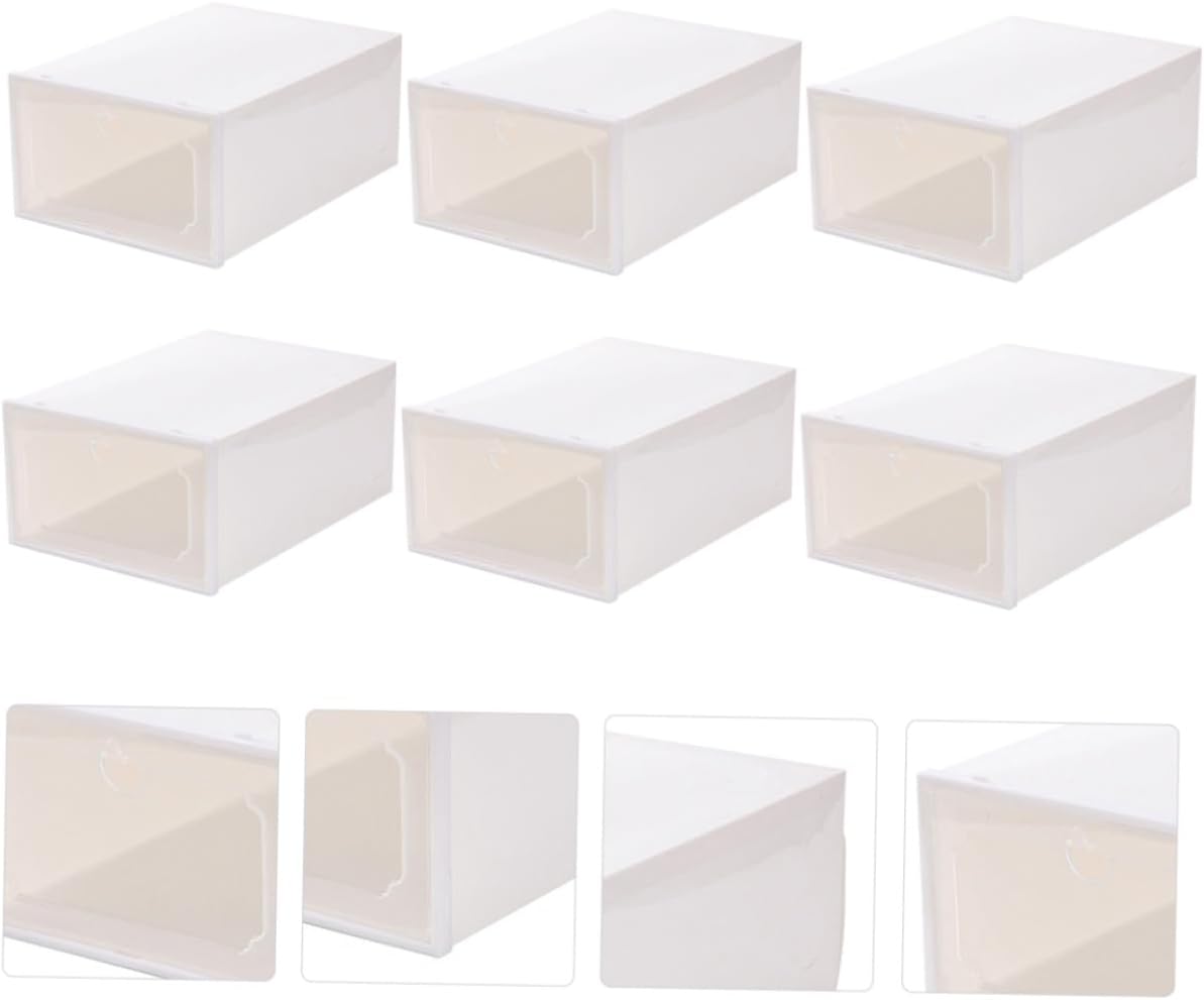 Large Capacity Shoe Storage Boxes with Flip-top Lids, Thick Plastic Organizer for Home Closet, 6pcs Pearl White Stackable Shoe Organizers for Sneakers and Boots