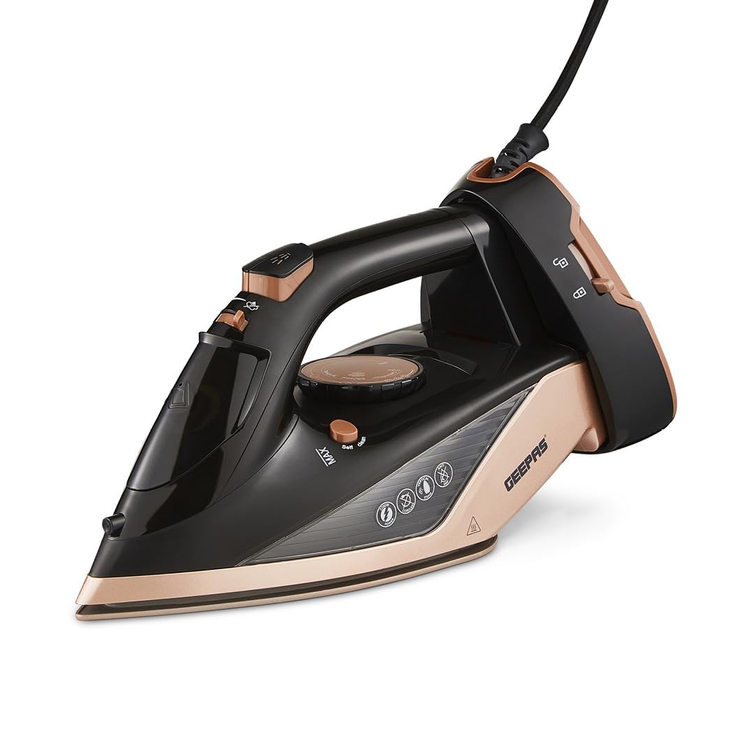 GEEPAS Steam Iron | Clothes Dry & Steam Press 40s Fast Heat-Up Vertical Steaming Ceramic Soleplate Adjustable Temperature Cordless 300ml Tank Steam Output 2400W Black/Gold (Renewed)