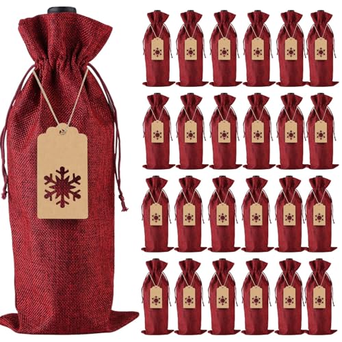 Bolsas de Regalo de Vino de Arpillera, 12 Fundas para Botellas de Vino con Cordón de Yute con Etiquetas y Cuerdas para Navidad, Boda, Viajes, Cumpleaños, Fiesta de Vacaciones