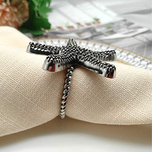 Joyindecor Starfish Nautical Napkin Rings - Set of 6 Vintage Ocean Coastal Napkin Holders for Wedding Party, Rustic Beach Table Decor (Black) (Starfish)