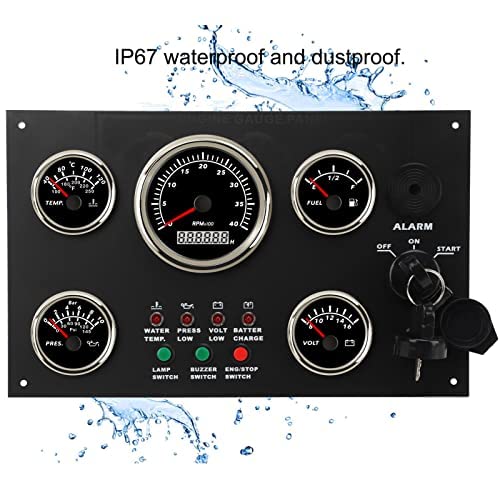 Marine Instrument Panel with 5 Gauges - Tachometer Fuel Level Water Temperature Oil Pressure Voltmeter Durable Aluminum Alloy Panel IP67 Waterproof Easy Installation for Engine Yacht Fishing Boat Ship