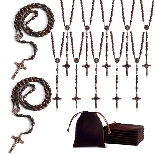 KOMI 12 PCS Wood Rosary Beads Bulk for Men, Handmade Wooden Rosary with St Benedict Medal and Crucifix Cross Rosaries with Velvet Bag Catholic Gifts