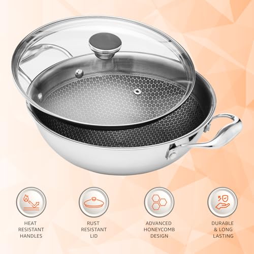 Amazon Basics Non-Stick Honeycomb Triply Stainless Steel Kadhai with Glass Lid, 24 cm - 2.7L, Fast & Even Heating, Induction & Gas Compatible - Image 5