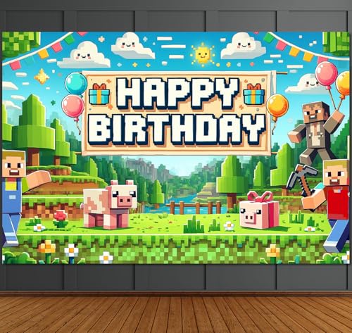 Pixel Backdrop Happy Birthday Banner Boy 5x3ft Miner Bday Sign Villager Gaming Birthday Party Decorations Videogame Themed Banner Video Game Decorations Video Game Backdrop for Boys