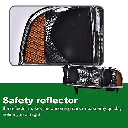 Image of GRAND ORANGE Headlights Assembly, Compatible with Dodge Ram 1500 2500 3500 1994 1995 1996 1997 1998 1999 2000 2001 2002 Black Housing Clear Corner Lamps（Clear lens Black Housing Amber Reflector）