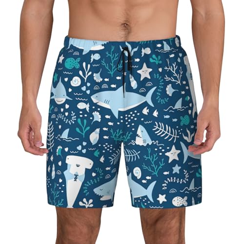 Cute Blue Fish Breathable Fit Trends Men's Swim Trunks Board Short with Waist Elastic Band Swimming Trunks