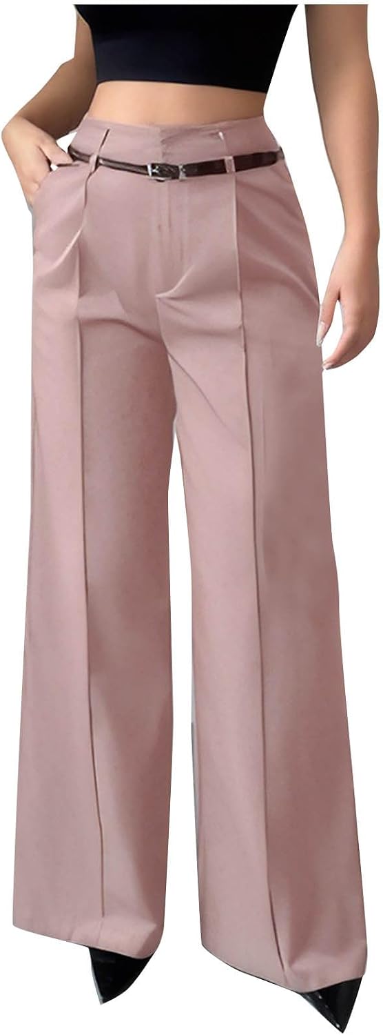Women's Wide Leg Dressy Pants High Waisted Stretchy Business Casual Trousers with Belt Work Solid Pant with Pockets