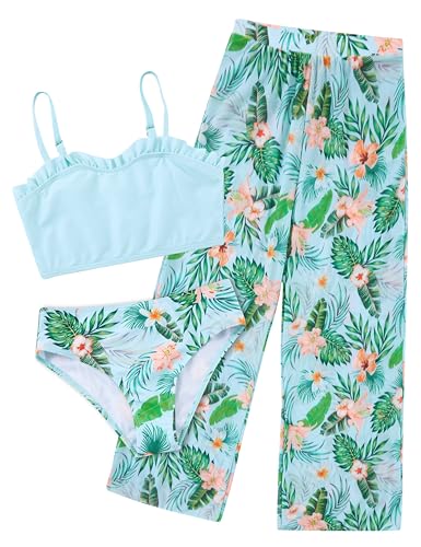 Image of Vogseek 6-16T Girls 3 Pieces Bikini Bathing Suit with Rash Guard Pants Quick Dry Swimwear Cover-Up Sets