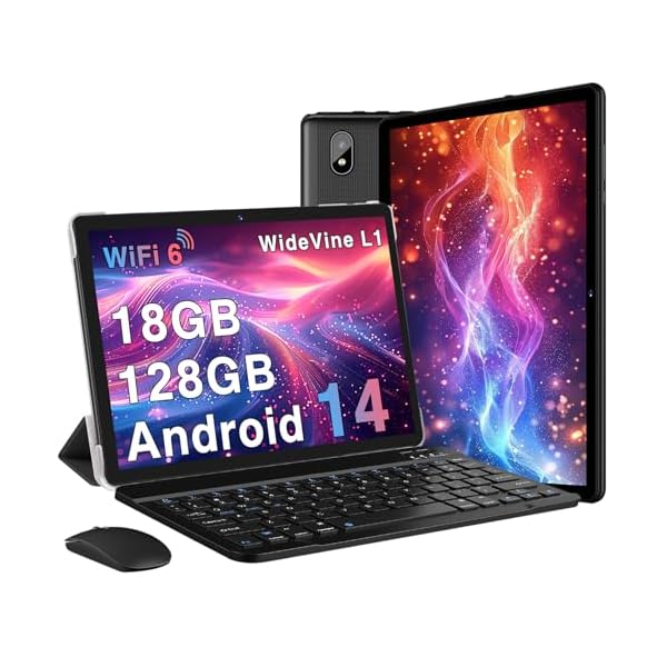 2024 Newest Tablet Android 14 Tablets with 128GB ROM+18GB RAM, 1TB Expand 2 in 1 10.1 Inch Tablet with Keyboard, Powerful Octa-Core, WiFi 6, BT5.0, 6000mAh, Widevine L1, Black