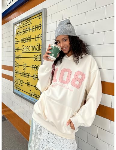 Aelfric Eden Womens Oversized Graphic Hoodies Y2k Flower Embroidery Number Print Pullover Hooded Sweatshirt Unisex Apricot X-Small - image 3