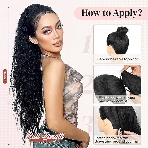 Lonai Ponytail Extension, 34 Inch Black Long Wavy Drawstring Ponytail Extensions, Dp001 Softer Lighter 80% Japanese Import Synthetic Clip In Hair Extensions Natural Looking Hairpiece For Women-Black thumb #6
