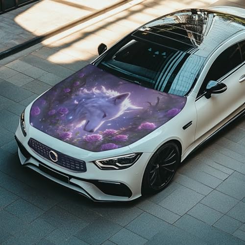 Image of Purple Rose Wolf Car Hood Cover Protector for Women, 59x39 Inch Car Hood Wrap Blankets, Universal Automotive Exterior Accessories for Sedans SUV Trucks Pickup Jeep