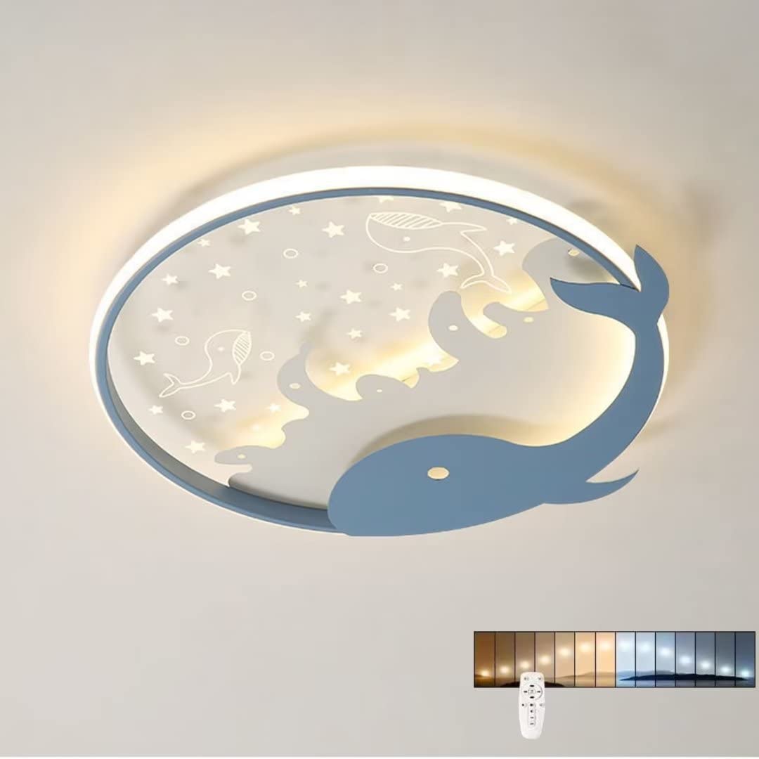 DUNMW Hollow Dolphin LED Ceiling Light Children's Room Ceiling Lamp Chandelier for Boys & Girls Bedroom, Children's Room, Stepless Dimming, 15.9'', 28W