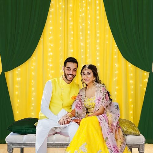 Image of Party Propz Yellow Green Backdrop Decorations with Curtain Light, Haldi and Mehendi Decoration Setup, Haldi Decoration Items for Home, Backdrop Cloth for Decorations Pooja (6Pcs)(Satin)