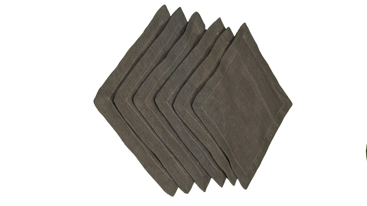 Cloud Fino Pure Linen Cocktail Napkin (6x6 Set of 12), 100% French Flax Stone Washed for Softness, Zigzag Stich Small Cloth Beverage Party Bar Coffee Dessert Wedding Napkin Coaster.(Stone Grey)