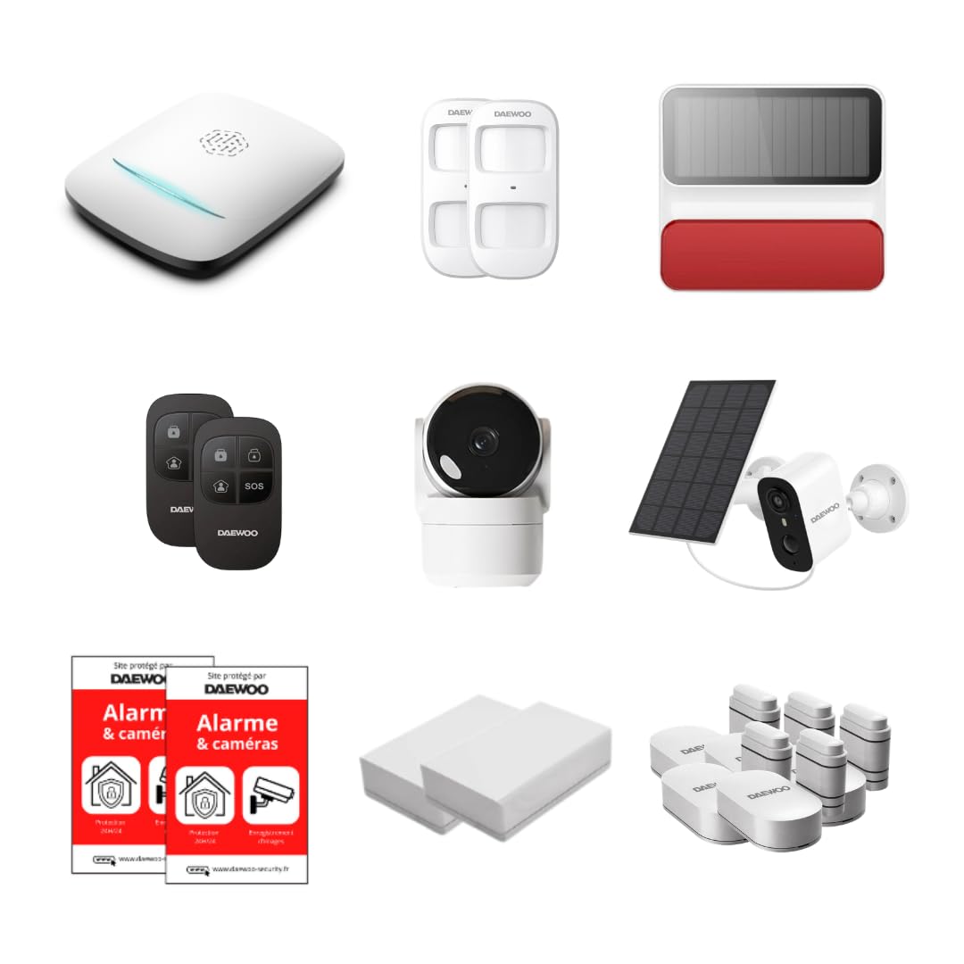Daewoo Security – Pack de Alarma para casa conectada WiFi y gsm – Sistema de Seguridad inalámbrico con cámaras Interiores y Exteriores + solares, Sirena, detectores Zigbee – sin suscripción – Alexa