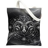 Bolsa de lona de cabra para mujer, astrológica, estrellas místicas, constelaciones, ninguna, negra, lavable, reutilizable, bolsa pequeña, ideas para viajes de compras, oficina, biblioteca, casual, 13