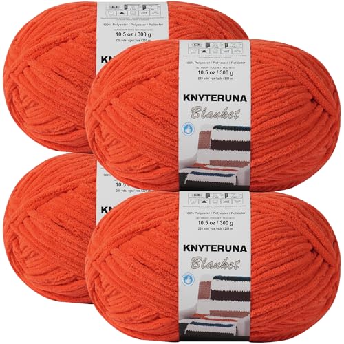Image of #6 Super Bulky Blanket Yarn for Crocheting - 4 Skeins(Each 10.5oz /300g, 220yds /201m), Chunky Chenille Thick Plush Big Soft Yarn for Crocheting Knitting Blankets, Solar Orange