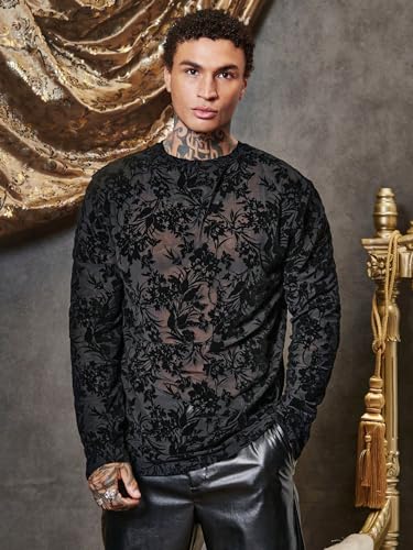 WDIRARA Men's Floral Lace Mesh Party Tee See Through Round Neck Long Sleeve T-Shirt Tops4