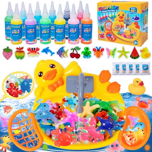 Glow in The Dark Water Elf Craft Kit, Duck Sink Water Play Set with 12 Animal Molds & 12 Gels, DIY Squishy Water Animals Sensory Toy, Kids STEM Arts & Crafts Gift