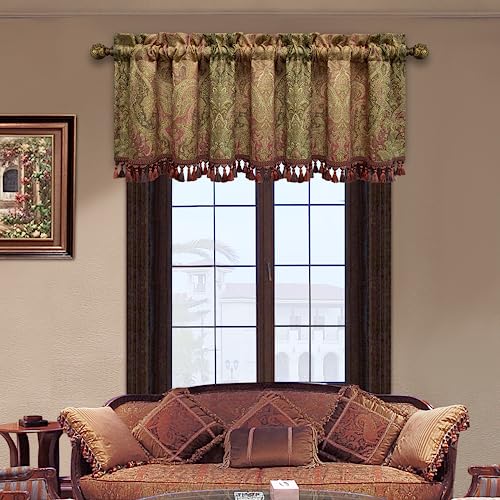 Loom and Mill Jacquard Window Valance for Living Room Bedroom, Luxury Traditional Curtain Valances with Tassels, Damask Window Treatment Valances for Banquet Party Holiday Decor, Rod Pocket (54x18 in)