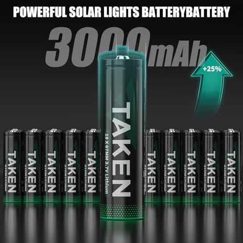 Taken 3.7 Volt 18650 Rechargeable Batteries 3000mAh Button Top High Capacity Lithium Ion Battery for Flashlight, Headlamp, Solar Wall Light, 4 Pack