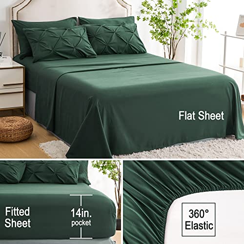 Ubauba 5pc Twin Size Comforter Set with Sheets, Dark Green 5 Piece Pintuck Bed in a Bag with Comforter, All Season Emerald Pinched Pleat Bedding Set (Green,Twin)