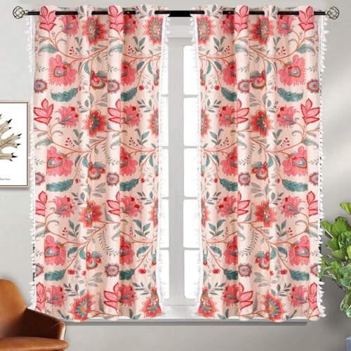 Image of Amazon Brand - Umi Bohemian Curtains for Window, Microfiber Cotton Curtain 5 Feet Long Pack of 2 Curtain with Tassels,Eyelets Included, 40-60% Room Darkening