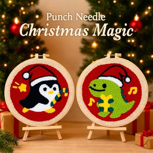 Image of Christmas Punch Needle Kit for Adult Beginner, Easy Punch Embroidery Starter Set with Instruction, Fun DIY Needle Point Craft for Home Decor & Holiday Gift Idea(2pcs Dino & Penguin)