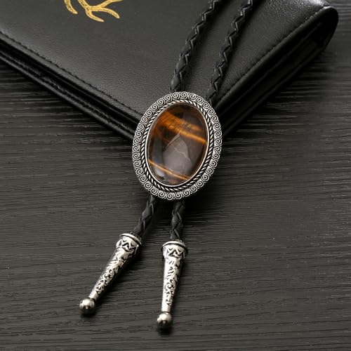 Image of AZORA Western Cowboy Bolo Tie Men Leather Necktie Leather Cord Turquoise Stone Bolo Ties for Men Women