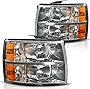 DWVO Headlight Assembly Compatible with 2007-2013 Chevrolet Silverado 1500/2007-2014 Chevy Silverado 2500 HD 3500 HD Headlamp Replacement Chrome Housing Amber Reflector Smoke Lens
