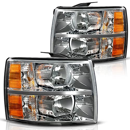 DWVO Headlight Assembly Compatible with 2007-2013 Chevrolet Silverado 1500/2007-2014 Chevy Silverado 2500 HD 3500 HD Headlamp Replacement Chrome Housing Amber Reflector Smoke Lens