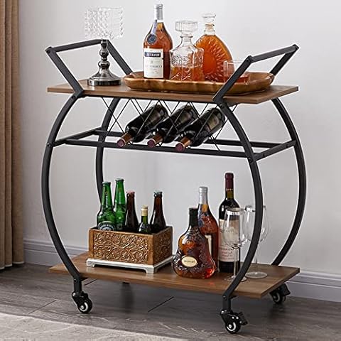 LVB Bar Cart with Wine Rack, 2 Tier Kitchen Cart on Wheels, Modern Wood and Metal Portable Coffee Cart Table for Home, Utility Industrial Mobile Serving Cart with Storage Shelf, Rustic Oak Cover