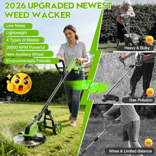 20000 RPM Electric Weed Eater Battery Powered 6000mAh, 12″ Brushless Electric Weed Wacker Cordless Wheeled Edger Trimmer, 4-in-1 Brush Cutter Heavy Duty/String Trimmer/Lawn Mower Edger, 2 Battery Tool by reffmov - Image 7