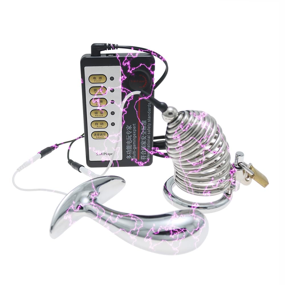 Elektro Shock Keuschheitskäfig Penisplug Metall Analplug Set BDSM Elektrische Stimulation Anal Dilatator Butt Plug Peniskäfig Bondage E-stim Extrem Sex Spielzeug für Männer (Ring:50mm/Plug:L)