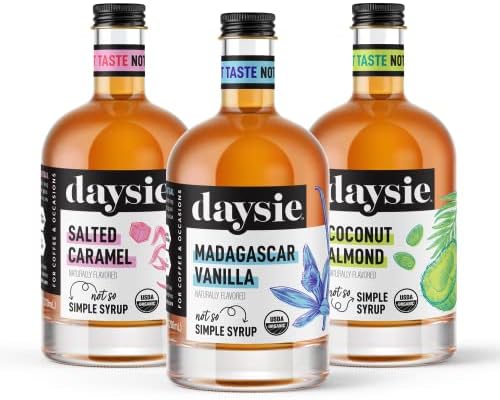 Daysie Certified Organic Syrup, Trio (3-Pack), with Madagascar Vanilla (200ml), Salted Caramel (200ml), Coconut Almond (200ml)