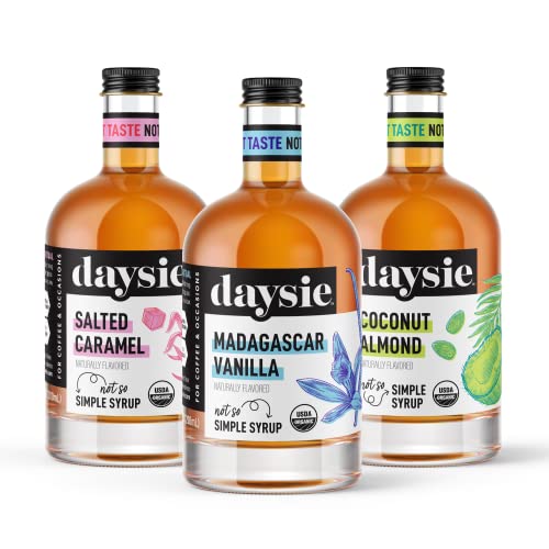 Daysie Certified Organic Madagascar Vanilla, Salted Caramel and Coconut Almond Syrup, 6.76 Fluid Ounces, Pack of 3