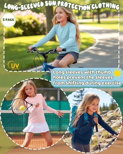 Image of 3 Pack Girls Rash Guard Swim Shirts 5-14Y UV Sun Protection Long Sleeve Thumb Hole Quick Dry T-Shirts UPF 50+ Tees