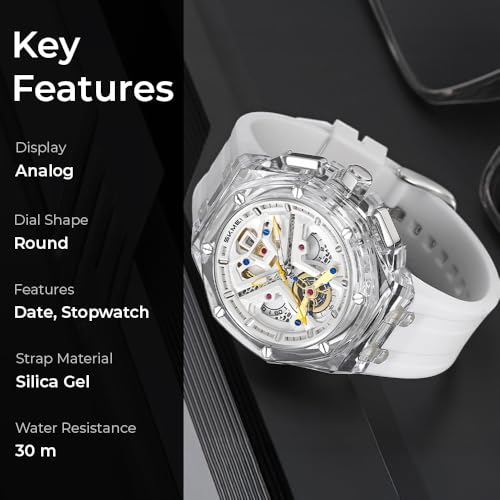 Image of SKMEI Stylish Analog Quartz Watch for Men - Trendy Transparent Case, 30M Water-Resistant, Durable Silicone Band, Lightweight Wristwatch with Date Display & Stopwatch-2426