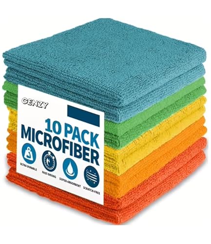 GENZY Microfiber Cleaning Cloth 10 Pack Lint Free Reusable Microfiber Towels Washable Premium Wash Cloths Dusting Cloth Highly Absorbent Towels for Cars House Kitchen Cleaning Supplies