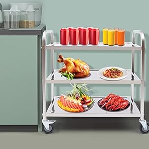 Catering Trolley met 3 etages, roestvrij staal, vloeren, theekarretje, keukenwagen, catering, opslag, trolley met rem…