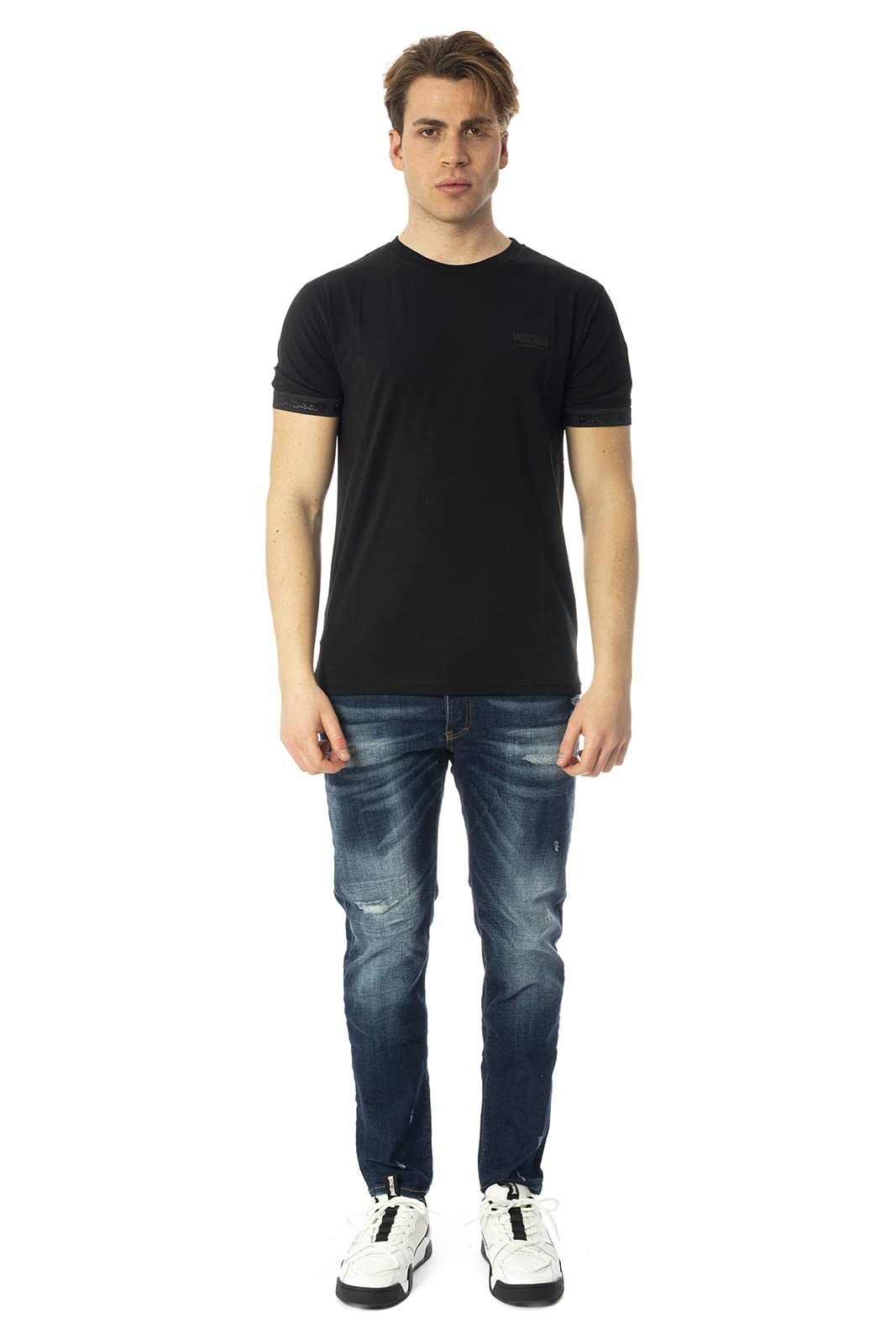 Moschino T-Shirt Mężczyźni Czarny T-Shirt Casual z logo z rękawem i klatki piersiowej