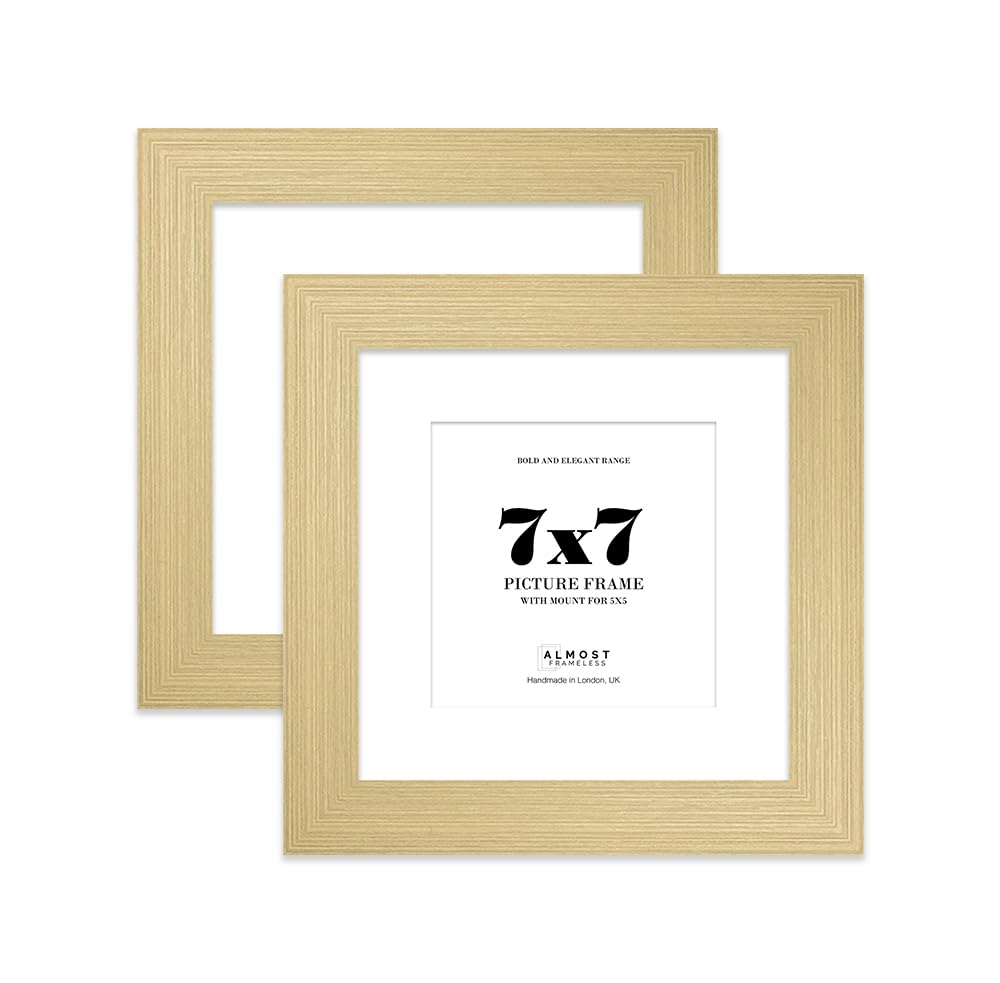 7x7" Gold Square Frame With Mount for 5x5" Pictures 28mm Edge Frame Display with Wall Hooks and Kickstand, 2 Pack