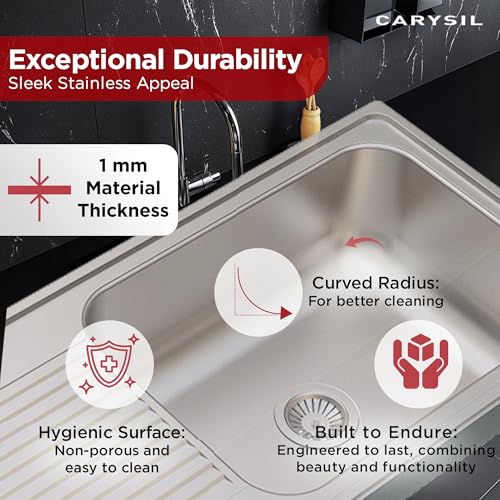 Image of Carysil VSG Pro 40 x 20 x 9 Inch 304-Grade Stainless Steel Kitchen Sink with Drainboard, Pressed Sink, Matt Finish, Deep Bowl, Sloping Drain, Noise Reduction Padding, Anti-Condensation Coating