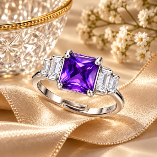 Image of KYAT 925 Sterling Silver Adjustable Ring for Women | Square Princess Cut Purple Amethyst Zircon Stone | Baguette CZ Side Stones | Valentine Gift, Birthday Gift for Girls | Free Size Ring