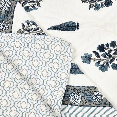 Image of BLOCKS OF INDIA Hand Block Printed Cotton King Size Quilt /Rajai (90 inch X 108 inch) (Grey Rose)