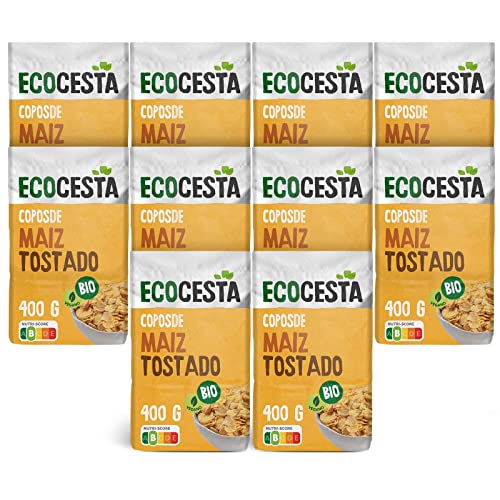 Ecocesta - Pack de 10 Unidades de 400 g de Copos Ecológicos de Maíz Tostado - 400 g - Aptos para Veganos - Alto Contenido en Fibra y Bajo en Grasas - Aporta una Dosis Extra de Energía