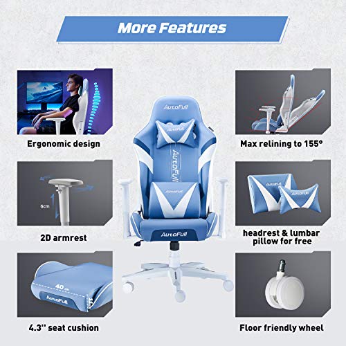 AutoFull-Silla-Gaming-Ergonomica-Silla-de-Oficina-Silla-Gamer-Cuero-de-Pu-Silla-de-Escritorio-Altura-e-inclinacion-ajustablesReposacabezas-y-soporte-lumbarazul-garantia-de-tres-anos