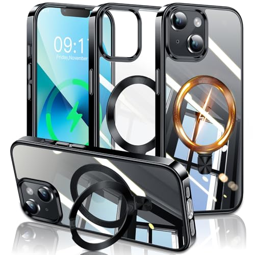 Image of ESTPEAK Titanium Black CD Mag-Stand Case for iPhone 14 Case, iPhone 13 Case with Invisible Magnetic Ring, [Fit for MagSafe] [Never Yellowing] Top Clear Phone Case Cover for iPhone 13 /14 6.1 inch Men Women