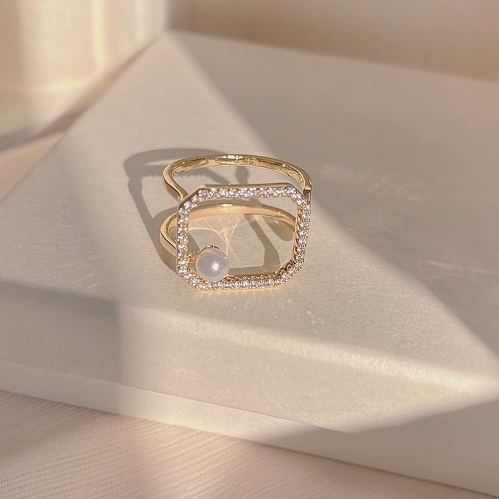 Hebelee Rectangle Open Band Ring for Women Girls Gold-Toned CZ Faux Pearls Layer Geometrical Statement Adjustable Expandable Finger Rings Comfort Fit Wedding Jewelry - Image 5